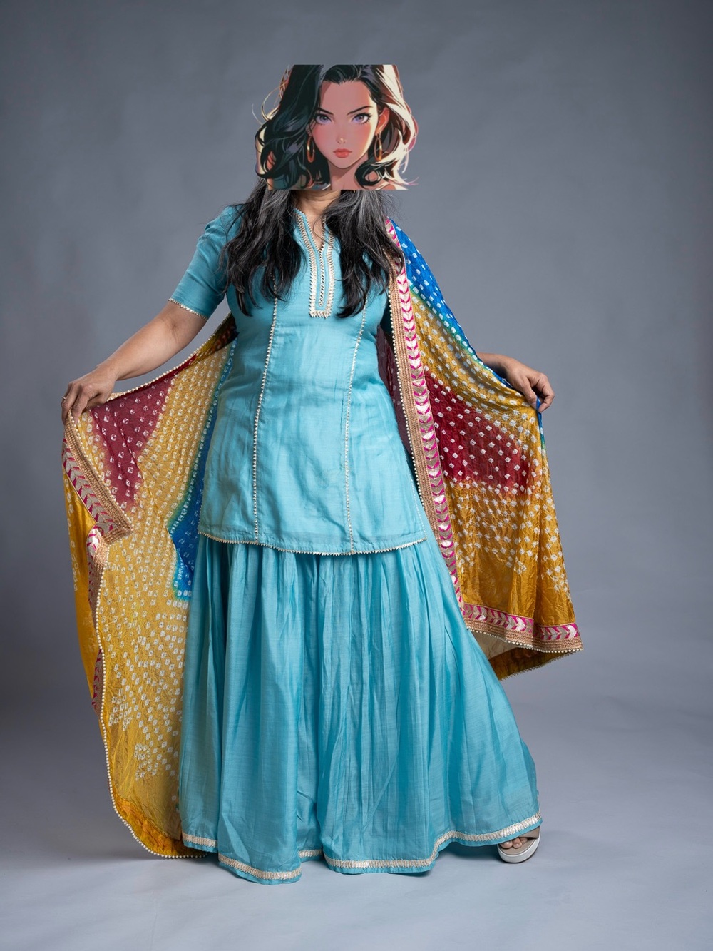Sky Blue Cotton Lehenga Maxi Set with Multicolor Bandhani Dupatta